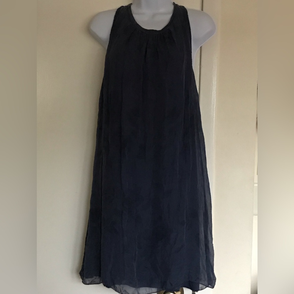H Trend ,ITALY 100% silk shell Size M , women navy sleeveless, length midi